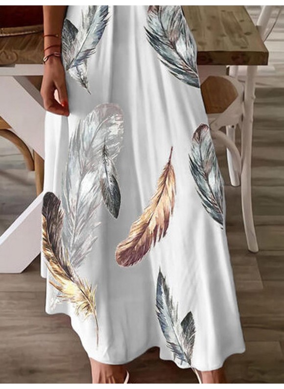 Casual Loose Feather Print V-Neck Sling Maxi Dress