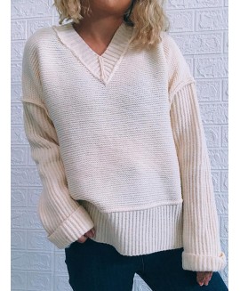 Fall/Winter Solid or V-neck Long Sleeve Pullover 