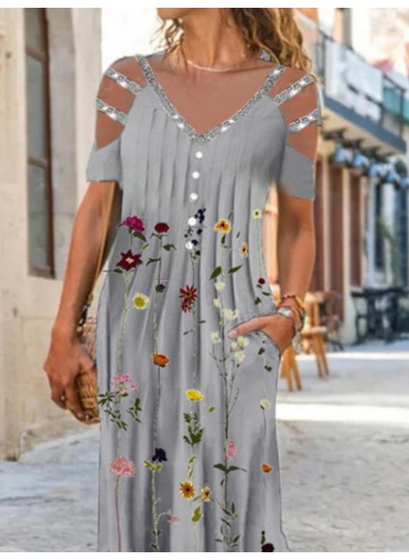 Casual Print Floral V-Neck Short Sleeve Off Shoulder Maxi Dress