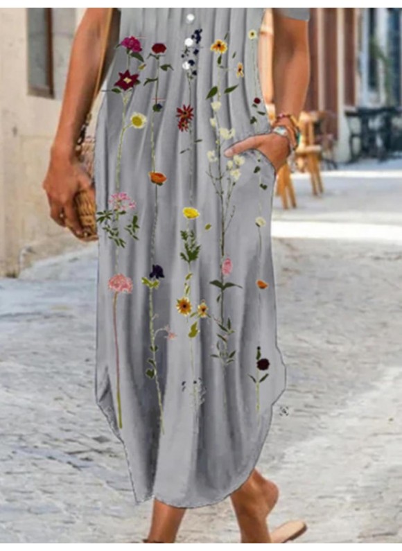 Casual Print Floral V-Neck Short Sleeve Off Shoulder Maxi Dress