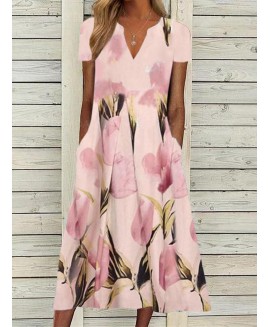 V-neck Casual Loose Floral Print Short Sleeve Midi Dress 