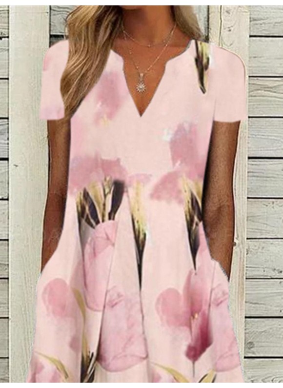 V-neck Casual Loose Floral Print Short Sleeve Midi Dress