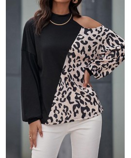 Casual Round Neck Long Sleeve Leopard Print Off-shoulder T-shirt 