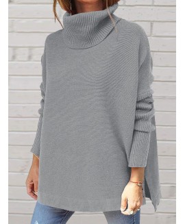 Casual High lar Solid or Long Sleeves Hem Slit Sweater 