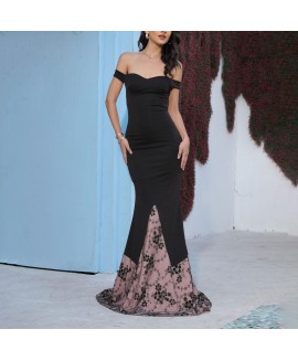 Women's Elegant Black One-Shoulder Slim Fit Long Dress 