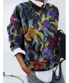 Casual Crew Neck Long Sleeve Loose Leaf Print Sweater Leisure Pullovers 