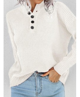 Casual Round Neck Button Long-Sleeved Sweater 