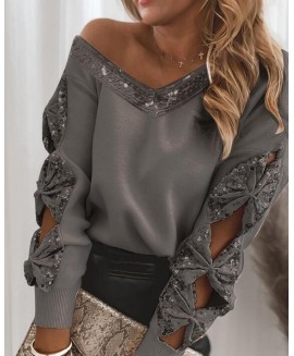 Elegant Sequin Stitching Bow Long-sleeved Sweater 