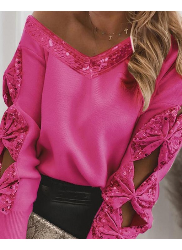 Elegant Sequin Stitching Bow Long-sleeved Sweater