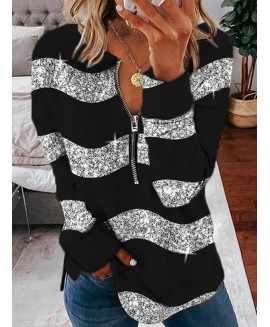 Round Neck Zipper Casual Loose Striped Printed Sweatshirt 