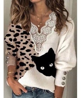 Katze Druck Leopard Druck Spitze V-Ausschnitt Langärmeligen Pullover 