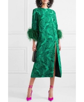 Women Fashion Art Green Print Robe Dress 