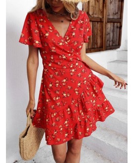 Women's Fashion Casual Floral Print V Neck Ruffle Design Vacation Dress 