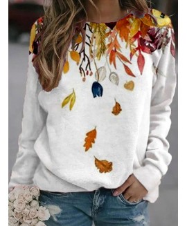 Fashion Leaf Print Round Neck Long Sleeve Casual Sweatshirt 
