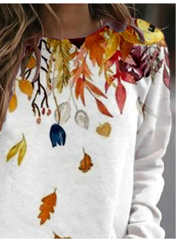 Fashion Leaf Print Round Neck Long Sleeve Casual Sweatshirt