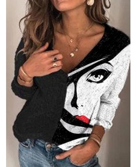 Fashion or Matching Face Print V-neck Long-sleeved Casual T-shirt 