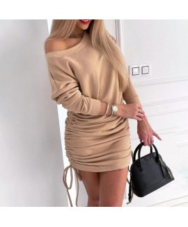 Women's Fashion Autumn/winter Long Sleeve Drawstring Solid or Patchwork Dress 