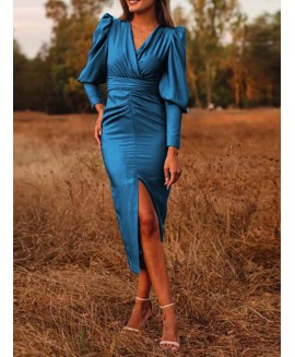 Satin Solid or V-neck Slit Hem Midi Dress Elegant 