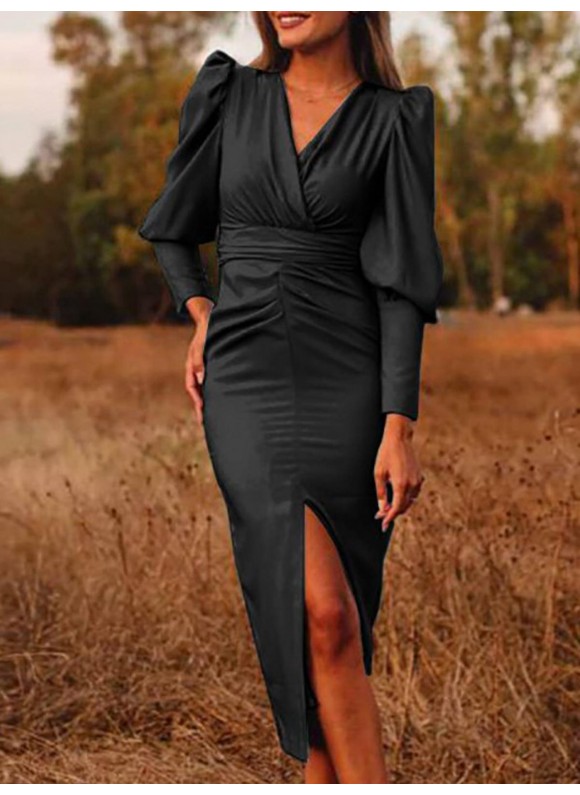 Satin Solid or V-neck Slit Hem Midi Dress Elegant