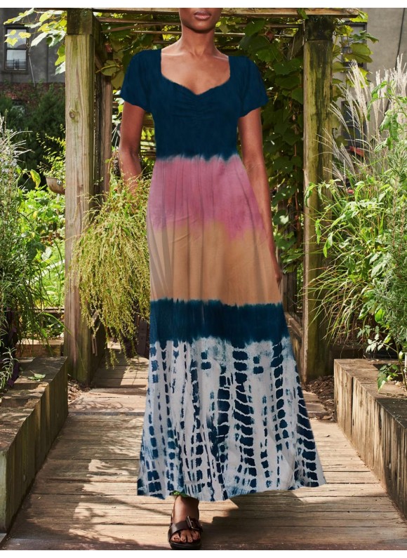 Tie-dyed Print V-neck Short Sleeve Maxi Dress