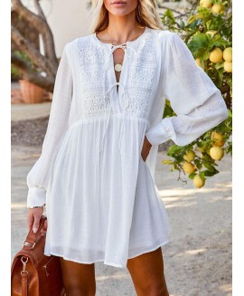 Summer Fashion Solid or Long Sleeve V Neck Loosen Casual Dress 