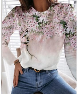Women's Casual Round Neck Long Sleeve Flower Print Top 