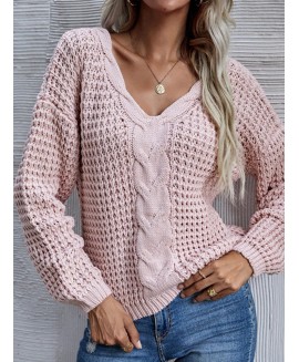 Casual Solid or V-Neck Twist Long-Sleeved Sweater 
