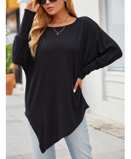 Casual Solid or Asymmetric Hem Long Sleeve Knit Top Tunic 