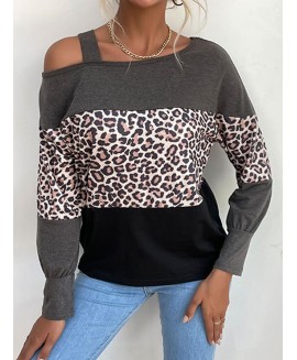 One-neck Strapless Loose Leopard Print T-shirt 