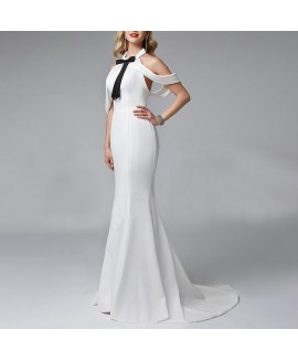 Ladies Elegant White Bow Fishtail Dress 