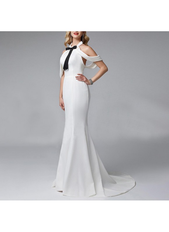 Ladies Elegant White Bow Fishtail Dress