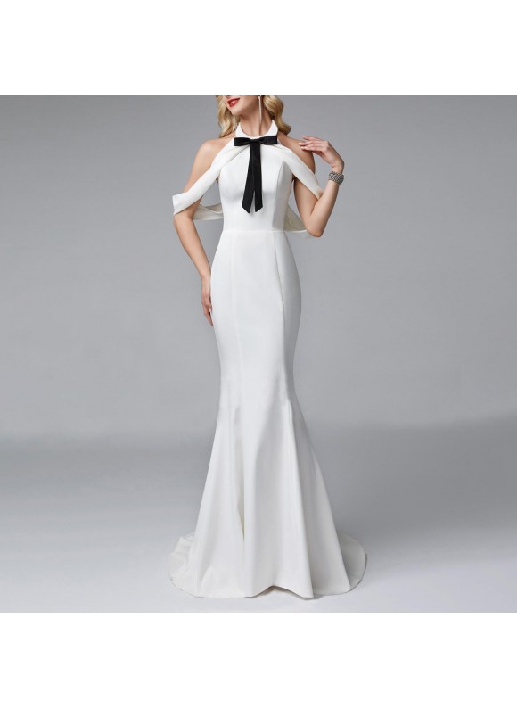 Ladies Elegant White Bow Fishtail Dress