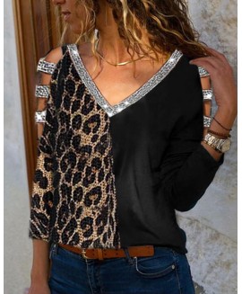 Fashion Casual V-neck Long Sleeve Stitching Leopard Print Top 