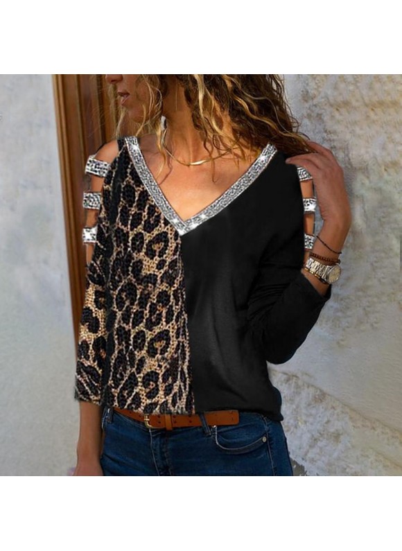 Fashion Casual V-neck Long Sleeve Stitching Leopard Print Top