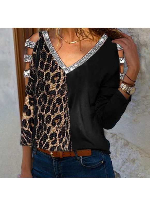 Fashion Casual V-neck Long Sleeve Stitching Leopard Print Top