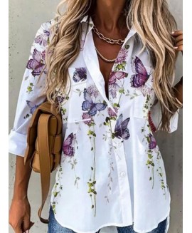 Lapel Floral Print Long-Sleeved Ladies Shirt 