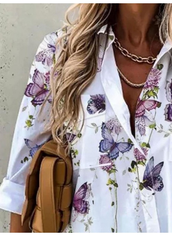 Lapel Floral Print Long-Sleeved Ladies Shirt