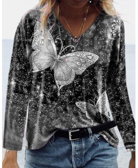 V-Neck Butterfly Print Loose Long Sleeve T-Shirt 