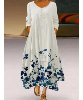 V-neck Loose Casual Floral Print Long Sleeve Maxi Dress 