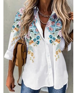 Casual Floral Print Lapel Buttons Long Sleeves Shirt 