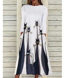 Round Neck Casual Loose Cat Print Long Sleeve Maxi Dress 