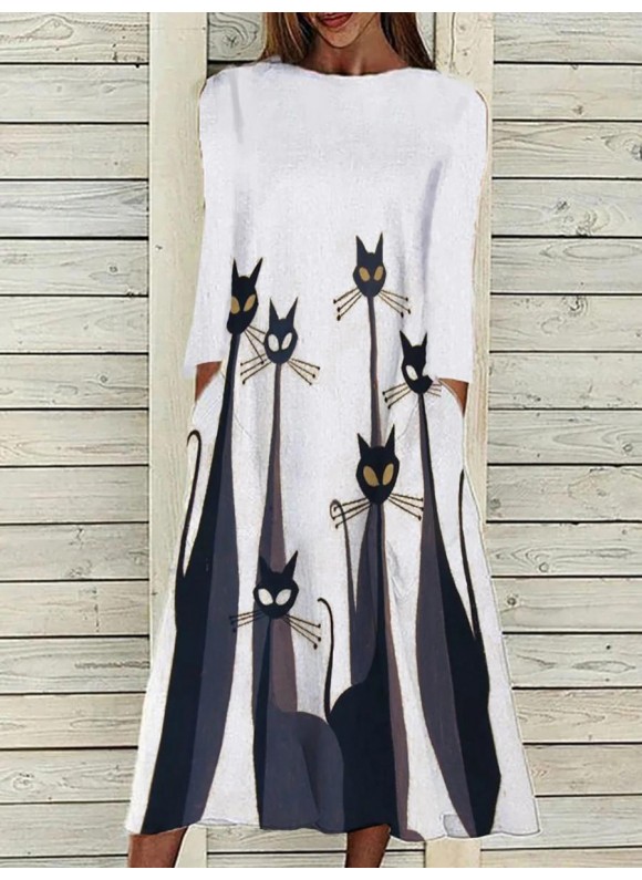 Round Neck Casual Loose Cat Print Long Sleeve Maxi Dress