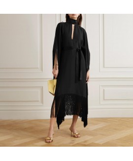 Women's Elegant Black Satin Fringe Robe Dress 