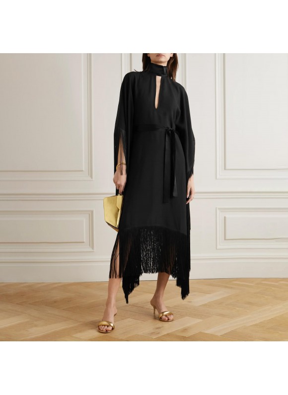 Women's Elegant Black Satin Fringe Robe Dress