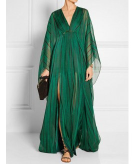 Women's Elegant Gorgeous Green Bronzed Striped Tulle Slit Maxi Dress 