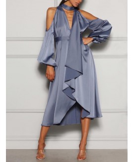 Women's Fashion Elegant Blue Grey Satin Off Shoulder Balloon Sleeve Ruffle Dress 