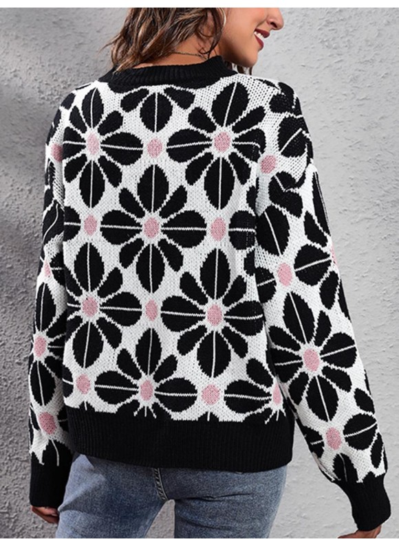 Floral Patchwork or Off Shoulder Long Sleeve Knit Sweater