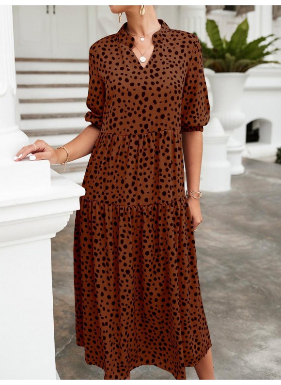 Polka Dot Print V-Neck Mid Sleeve Casual Loose Dress