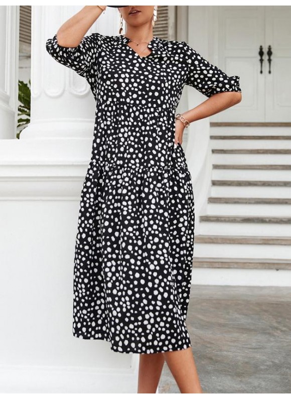 Polka Dot Print V-Neck Mid Sleeve Casual Loose Dress
