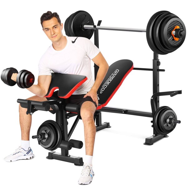 OppsDecor 600lbs 6 in 1 Olympic Weight Bench Set with Rack Leg Developer Preacher Curl 